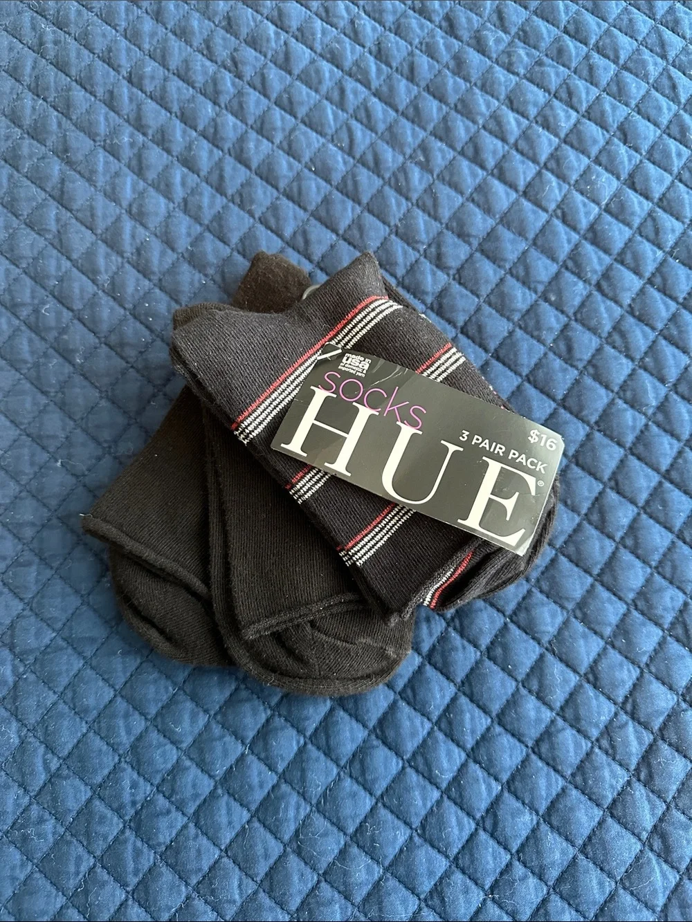 HUE Women's Black Socks 3-Pack with Pinstripe Accent NWT
